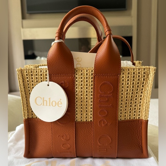 Brand New Chloé small Woody tote bag (caramel brown leather woven raffia design) - Picture 7 of 16